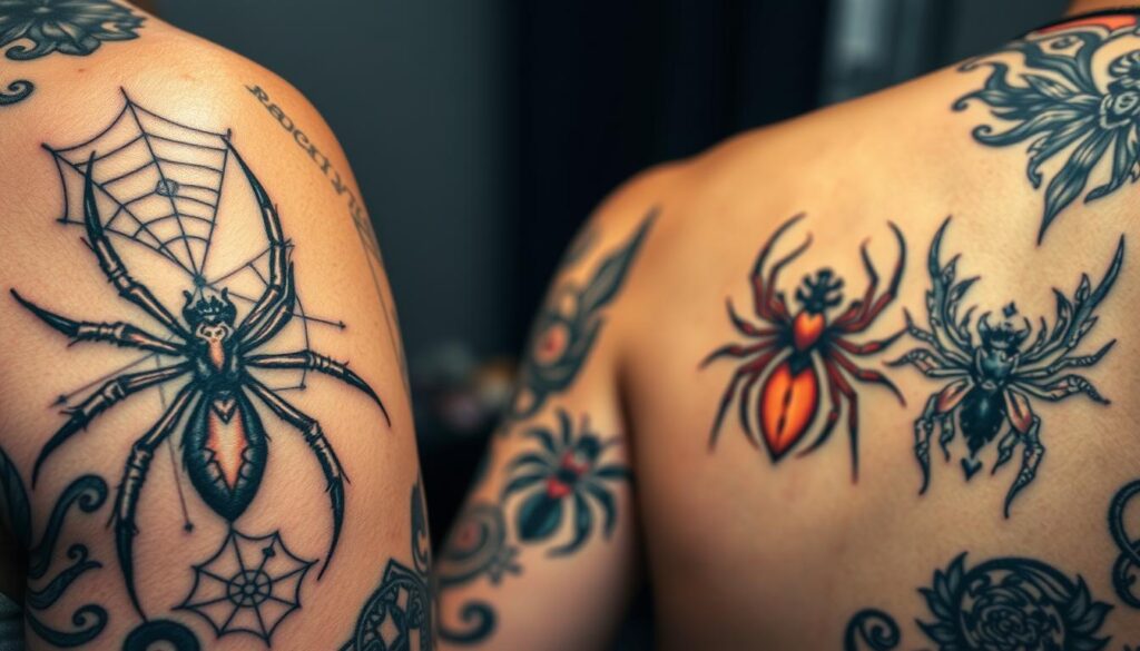A detailed collection of various spider tattoo styles is prominently featured, showcasing intricate designs on skin. In the foreground, elaborate blackwork tattoos highlight a large, realistic spider with delicate web patterns intertwined around it, symbolizing creativity and danger. The middle ground presents stylized spider motifs, incorporating tribal and ornamental elements, each with unique flourishes and color palettes, creating a vibrant contrast. The background consists of a softly blurred setting, resembling a tattoo studio, subtle hues of grey and black, adding depth without distraction. Soft, ambient lighting bathes the scene, accentuating the tattoos' details while evoking a contemplative and artistic atmosphere. The angle captures the richness of the designs without human figures, ensuring a focus solely on the artistry of the tattoos.