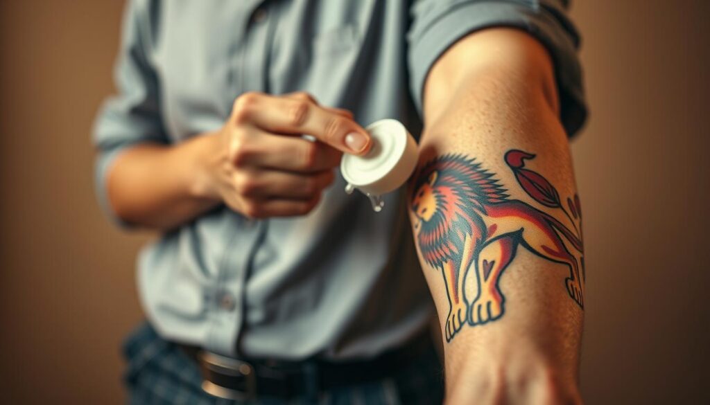 A detailed image of a lion tattoo being cared for on a person's forearm. In the foreground, the tattoo is vibrant and intricately designed, showcasing bold lines and rich colors, symbolizing power and courage. The hand gently applies moisturizer to the tattoo, highlighting the importance of tattoo care. In the middle ground, the person is dressed in a casual yet professional outfit, emphasizing modesty. The background features a soft, neutral tone to draw focus to the tattoo and the care process. The lighting is warm and inviting, creating a soothing atmosphere, with a slight lens blur that enhances the depth of field. The overall mood is one of respect for body art and appreciation for its significance.