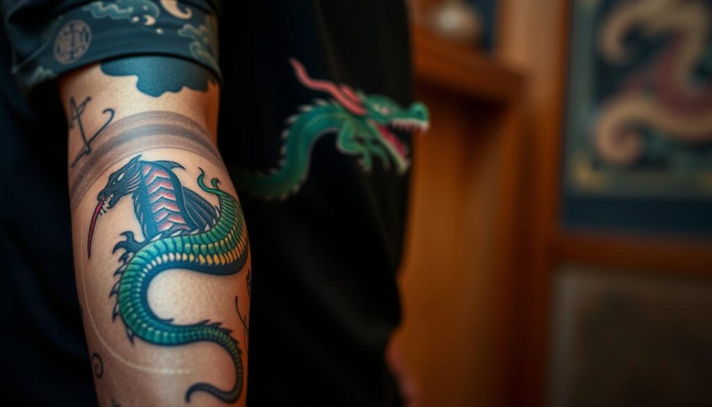 A detailed tattoo of a majestic dragon intricately designed on the forearm of a person wearing a simple black t-shirt, showcasing a blend of Eastern and Western styles. The dragon is depicted with vivid colors—emerald greens and deep reds—cascading around the arm in a swirling motion, symbolizing strength and mystique. The foreground focuses on the tattoo, with fine lines and intricate scales clearly visible, while the middle ground shows the arm in a natural, relaxed position. The background is softly blurred to emphasize the tattoo, with warm lighting that highlights the textures and colors. The atmosphere is one of awe and power, reflecting the rich heritage and artistry of dragon tattoos.