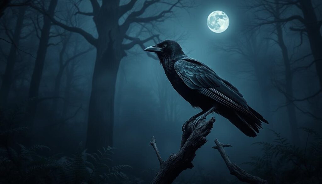 A majestic black raven perched on a gnarled branch amidst a misty, enchanted forest at twilight. The raven, symbolizing power and transformation, has glossy feathers glinting in soft, ethereal light, revealing hints of deep blue and violet in its plumage. In the foreground, delicate ferns and ominous shadows create a sense of mystery, while the middle ground features towering, ancient trees shrouded in fog. In the background, a full moon casts a silvery glow, enhancing the mystical aura of the scene. The atmosphere is somber yet magical, evoking feelings of introspection and wonder, perfect for a theme of strength and awakening. The scene is captured with a low angle to emphasize the crow's significance, using soft focus to draw attention to the intricate details of the raven and the forest around it.