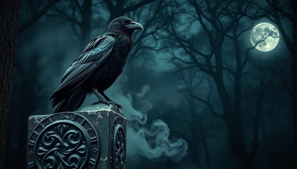 A majestic black raven with iridescent feathers perched on an ancient stone obelisk, symbolizing wisdom and mystery. The foreground features intricate Celtic patterns carved into the stone, showcasing mythology and cultural allusions. In the middle, a swirling mist surrounds the raven, hinting at secrets and the supernatural. The background reveals a dark, enchanted forest with ethereal light filtering through the dense tree canopy, creating a moody atmosphere. A full moon casts a soft glow, illuminating the raven’s piercing eyes. The composition should be framed as if viewed through a slightly tilted lens, adding a sense of intrigue to the scene. Capture an overall tone of mystique and reverence, representing the deep mythological significance of the crow in various cultures.