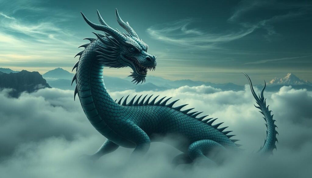 A majestic dragon as a symbol of strength and protection, intricately designed with mesmerizing details that highlight its scales shimmering in deep emerald and sapphire hues. The dragon should be coiled gracefully, its piercing eyes reflecting wisdom and power. In the foreground, the beast is depicted against a misty backdrop of swirling clouds and distant mountains, conveying a sense of mystery and ancient lore. Soft, ethereal lighting should illuminate the creature, casting gentle shadows that enhance its formidable presence. The atmosphere is both awe-inspiring and serene, evoking a balance between strength and tranquility. The image should be created with a wide-angle lens effect, focusing on the dragon while capturing the expansive beauty of the surrounding landscape.