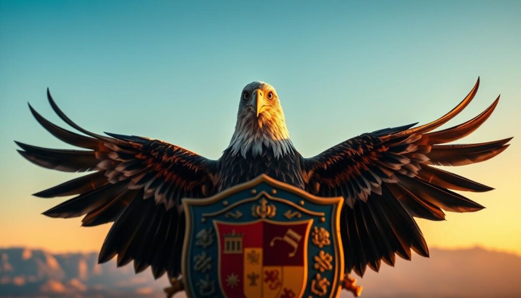 A majestic eagle, symbolizing military and national tradition, gracefully soars through a clear blue sky. In the foreground, the eagle's powerful wings are outstretched, showcasing its sharp feathers and fierce gaze. Below, a subtle representation of an ornate shield featuring historical motifs, integrating elements of military insignia and national symbols. The middle ground includes a soft focus on a distant mountain range, hinting at the vast landscapes that the eagle surveys. The lighting is warm and golden, reminiscent of a late afternoon sun, casting a heroic glow on the eagle and shield. The overall atmosphere is one of strength, pride, and patriotism, evoking a sense of freedom and power that resonates with the essence of the eagle in national and military heritage. A majestic eagle, symbolizing military and national tradition, gracefully soars through a clear blue sky. In the foreground, the eagle's powerful wings are outstretched, showcasing its sharp feathers and fierce gaze. Below, a subtle representation of an ornate shield featuring historical motifs, integrating elements of military insignia and national symbols. The middle ground includes a soft focus on a distant mountain range, hinting at the vast landscapes that the eagle surveys. The lighting is warm and golden, reminiscent of a late afternoon sun, casting a heroic glow on the eagle and shield. The overall atmosphere is one of strength, pride, and patriotism, evoking a sense of freedom and power that resonates with the essence of the eagle in national and military heritage.