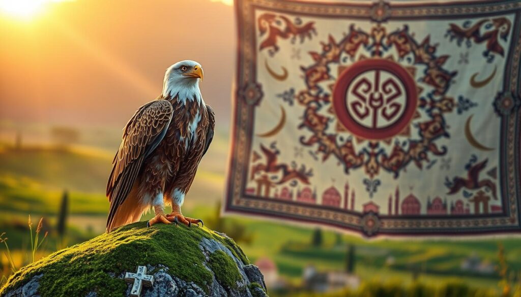 A majestic eagle symbolizing strength and freedom, perched gracefully on a moss-covered stone in the foreground. Its feathers gleam in the golden light of dawn, reflecting shades of brown and white, creating a stunning contrast against a softly blurred background. In the mid-ground, an intricate tapestry depicting Christian and Islamic motifs weaves harmoniously, showcasing elements like doves and crescents intertwined with divine patterns. The backdrop features a serene pastoral landscape, subtly hinting at cultural landmarks from both Christianity and Islam, bathed in soft, warm light. The atmosphere evokes a sense of unity and reverence, with gentle rays of sunlight illuminating the scene, evoking a mood of both peace and strength, focusing on the eagle's proud stance as a symbol of cultural significance. A majestic eagle symbolizing strength and freedom, perched gracefully on a moss-covered stone in the foreground. Its feathers gleam in the golden light of dawn, reflecting shades of brown and white, creating a stunning contrast against a softly blurred background. In the mid-ground, an intricate tapestry depicting Christian and Islamic motifs weaves harmoniously, showcasing elements like doves and crescents intertwined with divine patterns. The backdrop features a serene pastoral landscape, subtly hinting at cultural landmarks from both Christianity and Islam, bathed in soft, warm light. The atmosphere evokes a sense of unity and reverence, with gentle rays of sunlight illuminating the scene, evoking a mood of both peace and strength, focusing on the eagle's proud stance as a symbol of cultural significance.