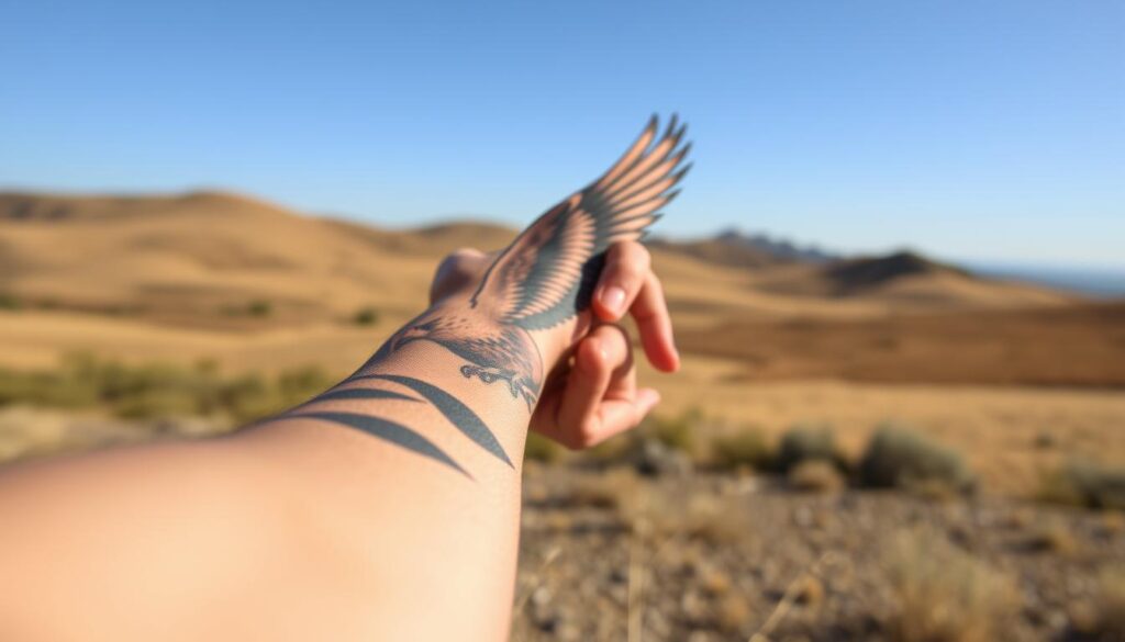 A majestic eagle tattoo, symbolizing patriotism and freedom, prominently displayed on a person's forearm. The eagle, intricately designed with sharp feathers and vivid details, exudes strength and power. The foreground features the tattoo in sharp focus, with the skin texture of the forearm subtly visible, emphasizing the cultural significance of body art. In the middle ground, a softly blurred background of a natural landscape with rolling hills and a clear blue sky conveys a sense of vastness and liberty. Soft, warm sunlight illuminates the scene, casting gentle shadows. The overall mood is one of pride and resilience, inviting viewers to reflect on the deeper meaning behind the eagle tattoo. A majestic eagle tattoo, symbolizing patriotism and freedom, prominently displayed on a person's forearm. The eagle, intricately designed with sharp feathers and vivid details, exudes strength and power. The foreground features the tattoo in sharp focus, with the skin texture of the forearm subtly visible, emphasizing the cultural significance of body art. In the middle ground, a softly blurred background of a natural landscape with rolling hills and a clear blue sky conveys a sense of vastness and liberty. Soft, warm sunlight illuminates the scene, casting gentle shadows. The overall mood is one of pride and resilience, inviting viewers to reflect on the deeper meaning behind the eagle tattoo.