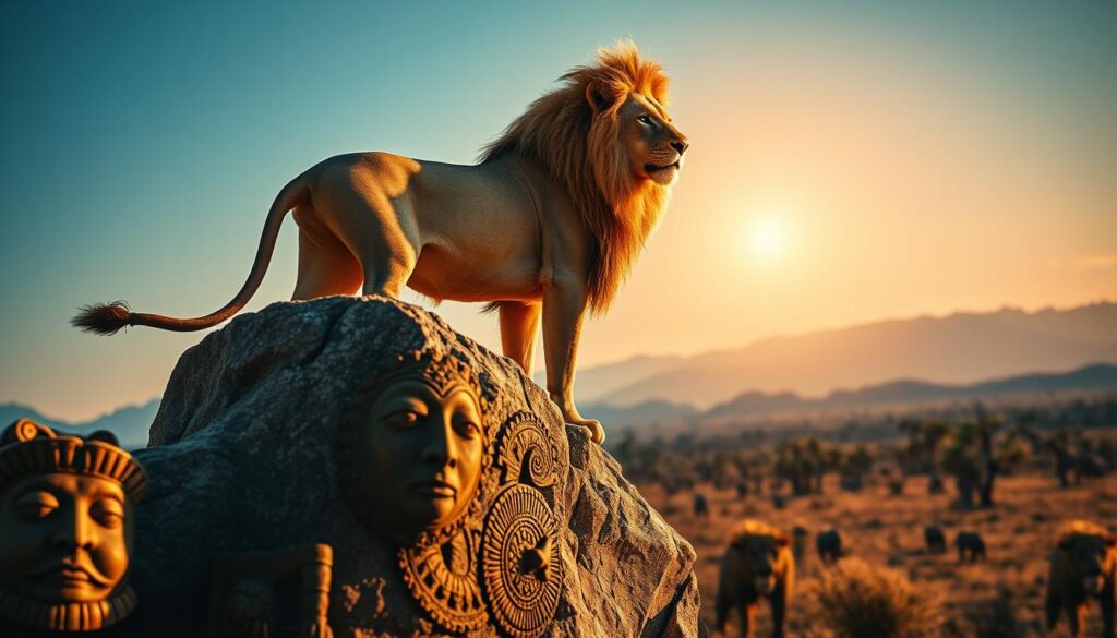 A majestic lion standing proudly atop a rocky ledge, symbolizing power and courage. Its golden mane flows in the gentle breeze, catching the warm light of a rising sun, casting a golden hue across the scene. In the foreground, a rich tapestry of cultural artifacts such as ancient carvings, tribal masks, and traditional patterns, representing the lion's historical significance in various cultures. In the background, a soft-focus savanna landscape spreads out, with acacia trees and distant mountains under a clear blue sky. The composition is shot from a low angle to emphasize the lion's regal stature, creating a dramatic atmosphere filled with respect and reverence for its cultural roots. The lighting should be warm and inviting, evoking a sense of history and legacy.