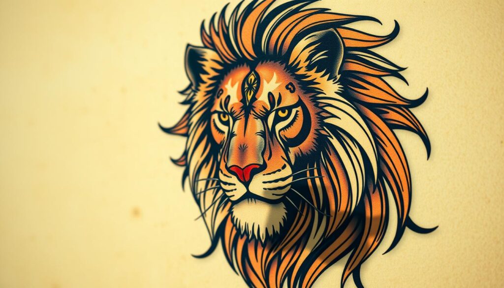A majestic lion tattoo design, showcasing intricate artistic interpretations, featuring flowing lines and bold colors. In the foreground, the lion's powerful face dominates, with its expressive eyes conveying strength and courage. The middle ground includes stylized mane elements, blending various tattoo styles such as geometric patterns and tribal motifs. In the background, a soft gradient of warm colors fades to a subtly textured canvas, enhancing the lion's regal presence. Natural lighting highlights the tattoo's details, creating a dramatic shadow effect. The overall mood is inspiring and fierce, reflecting the essence of power and bravery associated with the lion. The scene is devoid of any text, ensuring a clean focus on the artwork.
