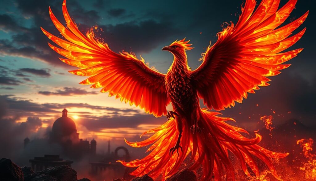 A majestic phoenix rises from a swirling whirlwind of vibrant flames and shimmering ashes, its feathered wings outstretched in a glorious display of red, gold, and orange hues. In the foreground, intricate details of the phoenix's feathers catch the light, glistening like molten metal. The middle ground features a mystical landscape, with ancient ruins partially obscured by smoke, suggesting a rich cultural history intertwined with the creature's legend. The background is a twilight sky filled with ethereal light, transitioning from deep indigo to fiery orange, enhancing the phoenix's radiant glow. Soft, diffused lighting casts a warm atmosphere, evoking themes of rebirth and resilience, capturing the essence of the mythical bird within the context of mythology and culture.
