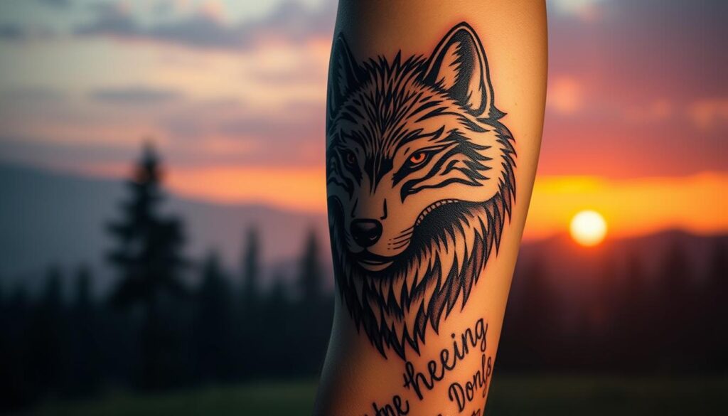 A majestic wolf tattoo design featuring intricate details, showcasing the wolf's fierce eyes and powerful stance, symbolizing strength and loyalty. The foreground displays the tattoo as it might be inked on a well-defined human arm, emphasizing the craftsmanship of the tattoo artist. In the middle ground, a soft, blurred image of a natural forest, conveying the wolf's connection to its pack and wilderness. The background includes a subtle sunset, casting warm hues of orange and purple, enhancing the atmosphere of unity and strength. The scene is illuminated with soft ambient lighting, providing a serene yet powerful mood. Use a slightly elevated angle to capture the tattoo's detail and its context, ensuring the composition is both artistic and inspiring, without any text or markings.