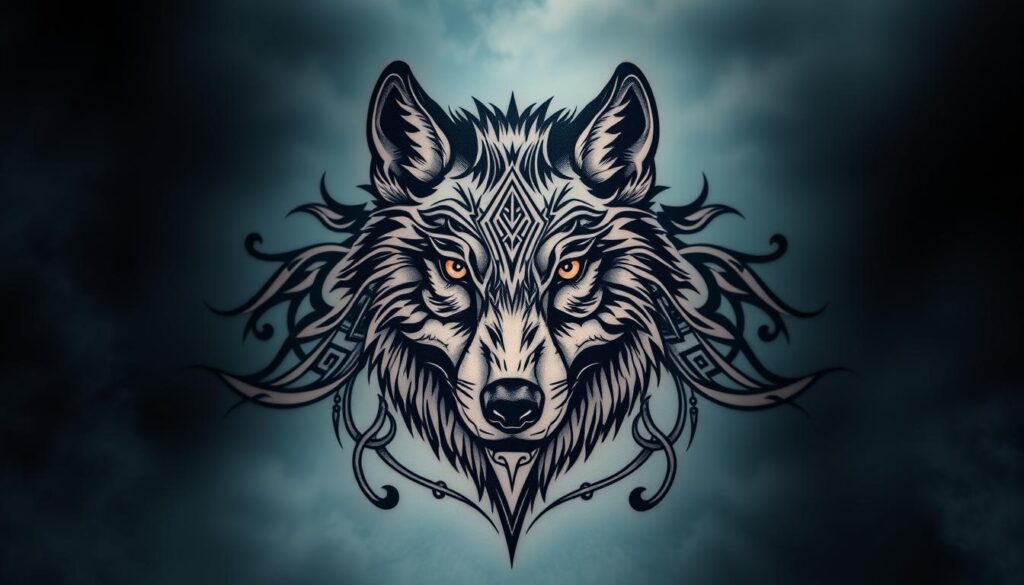 A majestic wolf tattoo design featuring intricate patterns and styles, showcasing the wolf’s fierce gaze and detailed fur. In the foreground, the wolf's head emerges boldly, surrounded by tribal elements and geometric designs that symbolize strength and loyalty. The middle section includes flowing, organic lines that weave through the tattoo, enhancing the sense of unity and community, reminiscent of a pack. The background is softly blurred to emphasize the tattoo, with a gradient of cool colors like deep blues and greys to evoke a tranquil yet powerful atmosphere. The lighting is dramatic, highlighting the tattoo’s details, as if illuminated by soft, natural light. Capture the essence of the wolf as a symbol of loyalty and power in a striking and artistic tattoo form.