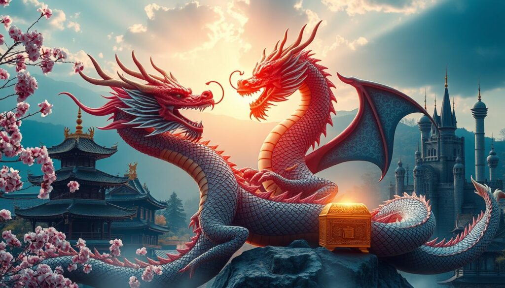 A mesmerizing scene capturing the symbolic essence of dragons in Eastern and Western cultures. In the foreground, a majestic dragon with flowing, colorful scales represents Eastern mythology, intertwined with vibrant cherry blossoms. In contrast, the middle ground features a fierce Western dragon, depicted with rough, dark scales, guarding a gleaming treasure. The background showcases a harmonious blend of traditional Eastern landscapes, such as pagodas and mountains, merging into a medieval European castle. The lighting is soft and ethereal, with rays of sunlight filtering through clouds, casting an enchanting glow on both dragons. The mood is mystical and powerful, inviting contemplation on the deep significance of dragons in various cultural narratives. The perspective should be slightly elevated, allowing a panoramic view of this captivating duality without any text or distractions.