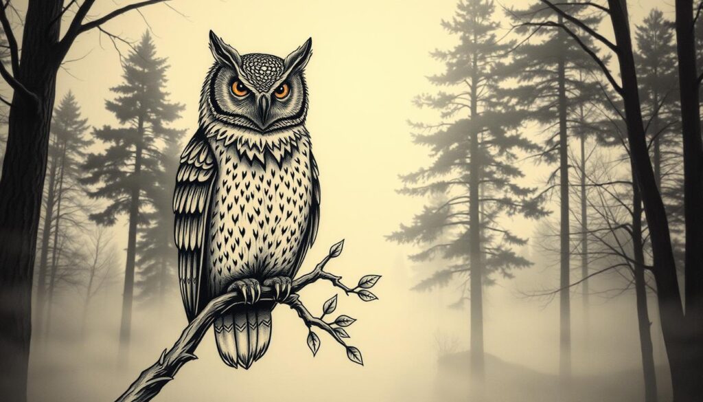 A mesmerizing tattoo design featuring an owl, symbolizing wisdom and mystery. The owl is intricately detailed, showcasing sharp, expressive eyes that reflect intelligence and depth. Its feathers are embellished with subtle patterns, hinting at ancient knowledge. In the foreground, the owl is perched on a twisted branch surrounded by delicate leaves, evoking a sense of nature and intrigue. The middle ground features a faint, ethereal mist that envelops the scene, enhancing the mystical aura. In the background, soft silhouettes of tall trees create a serene atmosphere, illuminated by the gentle glow of moonlight filtering through the branches. The overall mood is contemplative and enigmatic, perfect for capturing the meaning and interpretations of the owl tattoo.