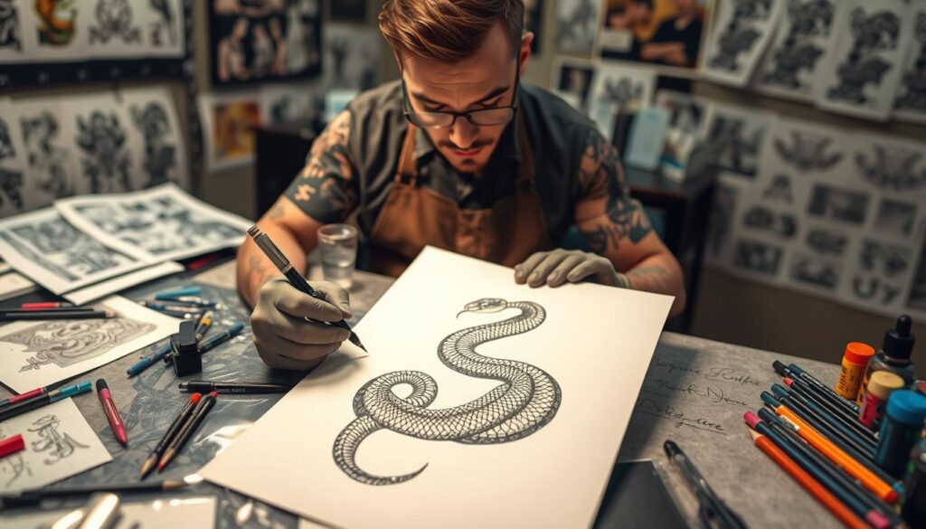 A professional tattoo artist is carefully designing a snake tattoo concept on a sleek, white sheet of paper. The artist, wearing an apron and gloves, is seated at a cluttered worktable filled with design tools, sketch pens, and vibrant tattoo inks. In the foreground, the half-completed snake design showcases the creature's elegant curves and intricate scales, symbolizing rebirth and cunning. In the middle ground, the artist focuses intently on the design, with a look of concentration. The background features tattoo flash sheets and a softly lit studio atmosphere, giving a sense of creativity and artistry. The scene is illuminated by warm, ambient lighting, evoking a cozy and inspiring mood, perfect for a creative process.