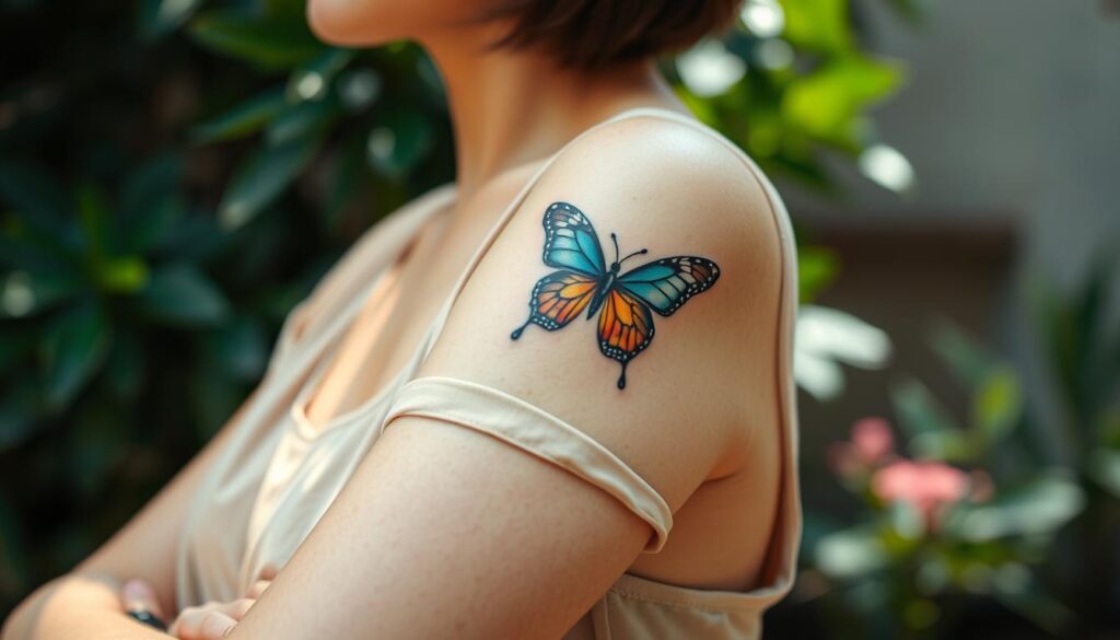 A serene close-up of a butterfly tattoo gracefully inked on the upper arm of a person wearing a modest short-sleeved shirt. The tattoo showcases intricate details of a colorful butterfly with vibrant shades of blue and orange, symbolizing transformation and beauty. The skin tone is a warm beige, and the tattoo appears freshly done with subtle shading. Soft, natural light illuminates the scene, enhancing the tattoo's details, while a blurred garden background with lush green leaves adds a calm, peaceful atmosphere. The angle is slightly tilted to showcase both the tattoo and the person's relaxed pose, exuding a mood of serenity and personal expression. No text or distractions in the image. A serene close-up of a butterfly tattoo gracefully inked on the upper arm of a person wearing a modest short-sleeved shirt. The tattoo showcases intricate details of a colorful butterfly with vibrant shades of blue and orange, symbolizing transformation and beauty. The skin tone is a warm beige, and the tattoo appears freshly done with subtle shading. Soft, natural light illuminates the scene, enhancing the tattoo's details, while a blurred garden background with lush green leaves adds a calm, peaceful atmosphere. The angle is slightly tilted to showcase both the tattoo and the person's relaxed pose, exuding a mood of serenity and personal expression. No text or distractions in the image.