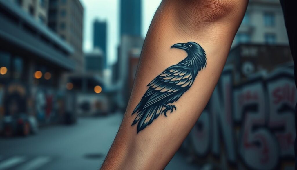A striking contemporary tattoo of a raven, elegantly inked on a worn arm, showcases intricate geometric patterns intertwined with flowing lines. The raven, perched in an attentive pose, features detailed feathers shimmering in shades of black and deep indigo, symbolizing mystery and intelligence. In the background, a blurred urban landscape emerges, incorporating elements of modern architecture and graffiti art that reflect the essence of contemporary culture. Soft, diffused lighting creates a moody ambiance, with subtle shadows emphasizing the tattoo's details. The shot is taken from a close-up angle, focusing on the arm and raven tattoo, while the background adds depth without distraction, encapsulating the intersection of dark symbolism and modern artistry.