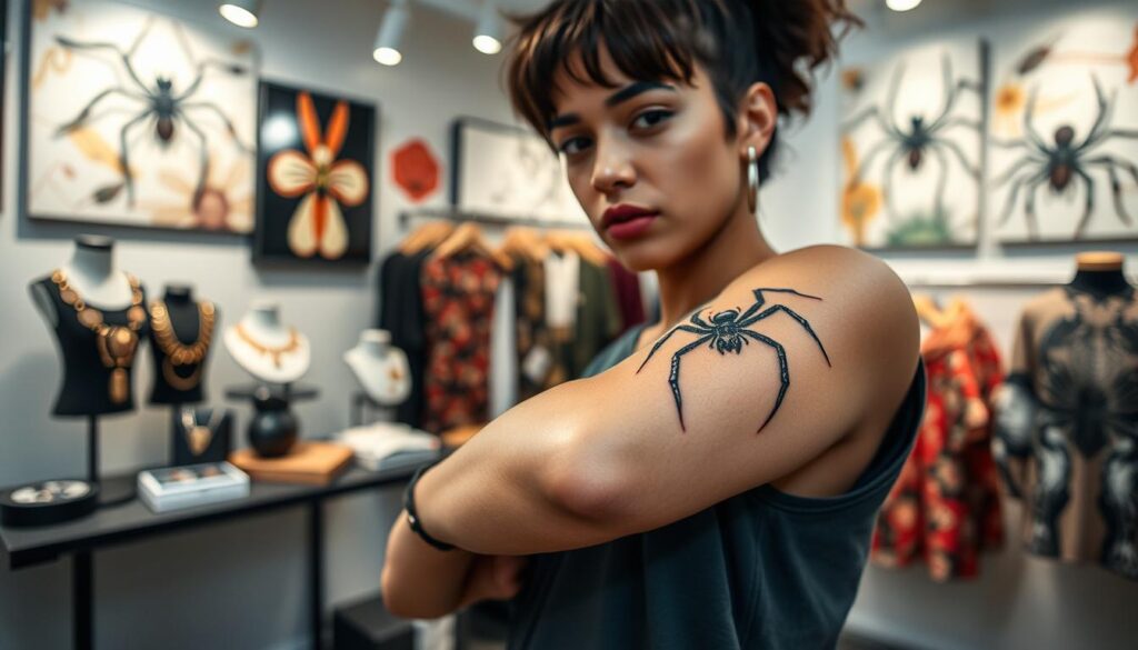 A striking image illustrating the cultural and fashion significance of spider tattoos. In the foreground, a stylish model wearing modest casual clothing showcases a detailed spider tattoo on their forearm, emphasizing the intricate design and craftsmanship. In the middle ground, a fashion boutique display features spider-themed accessories and clothing items, such as jewelry and printed fabrics, creating a vibrant, trendy atmosphere. The background includes abstract art pieces inspired by spider motifs, reflecting their symbolic meanings in various cultures. Use soft, diffused lighting to create an inviting ambiance, with a slight focus on the tattoo, capturing both the artistry and influence of spider tattoos in contemporary fashion. Aim for a visually engaging composition that evokes creativity and cultural relevance.