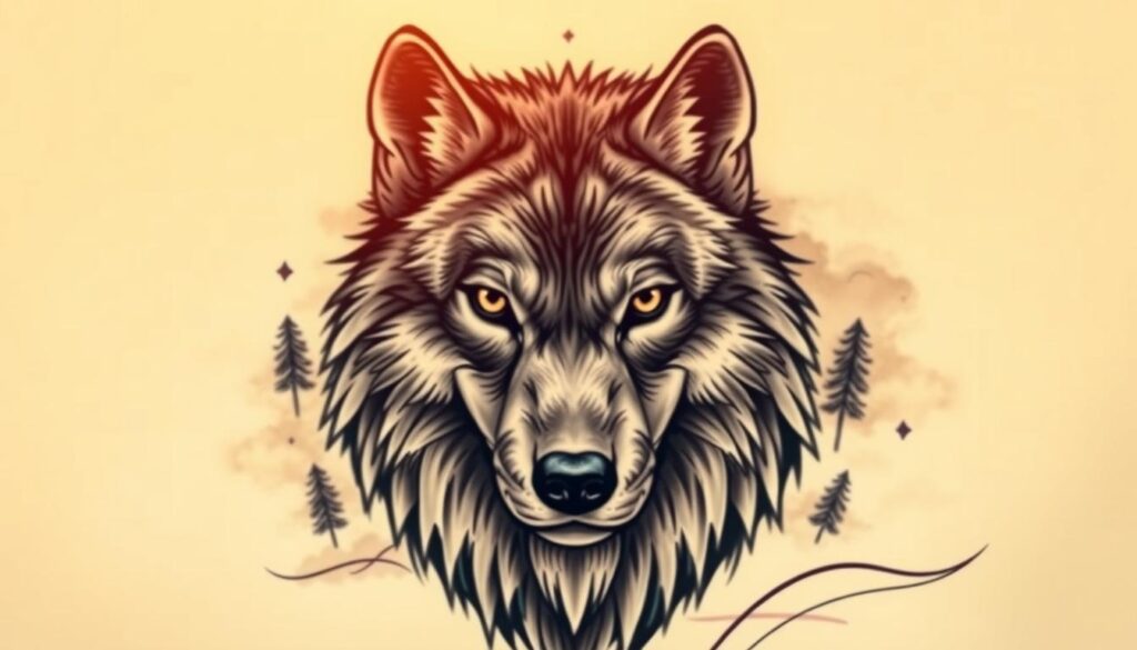 A striking, realistic tattoo design featuring a powerful wolf as the central figure, symbolizing strength and loyalty. The wolf's fur is intricately detailed, with shades of grey and black blending harmoniously, while its piercing eyes gleam with intensity, reflecting a sense of wisdom. Surround the wolf with personal elements such as subtle symbols of family and friendship incorporated into the background, like small, stylized trees or a crescent moon. The foreground features soft, flowing lines that enhance the composition. Use warm, natural lighting to create a harmonious atmosphere, while a shallow depth of field emphasizes the wolf and its immediate surrounding elements. Capture the essence of personal values through this compelling depiction.