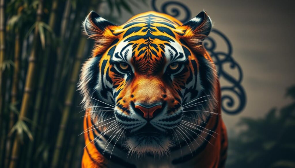 A striking representation of a tiger tattoo design, focusing on the intricate details of its fierce expression and powerful form. The foreground showcases the tiger, its fur blending vivid oranges and deep blacks, emphasizing the grace and strength of the animal. The middle ground features swirling patterns that represent the flow of energy, symbolizing independence and primal instincts. In the background, a subtle, blurred landscape of bamboo and tropical foliage enhances the sense of nature and wildness. The lighting is dramatic, with bold contrasts that cast shadows and highlight textures, creating a dynamic atmosphere. The perspective is slightly angled from below, making the tiger appear majestic and dominant. The overall mood is empowering and intense, reflecting the deep significance of the tiger as a symbol of strength and freedom.