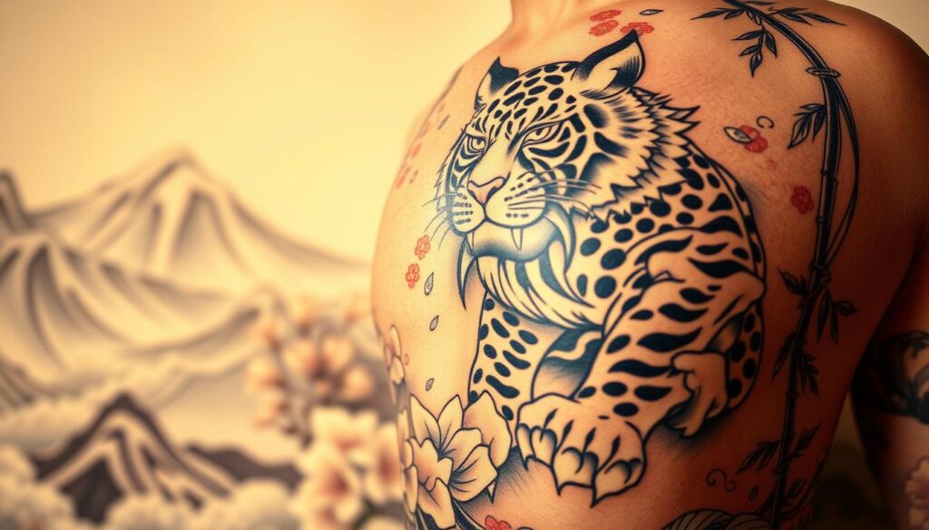 A stunning composition of a Japanese tattoo featuring a majestic tiger, symbolizing ferocity and independence. In the foreground, the tiger is intricately detailed with flowing lines and traditional Japanese patterns, showcasing dynamic elements like clouds and waves, accentuating its powerful stance. The middle ground includes elements of cherry blossoms and bamboo, elegantly framing the tiger, enhancing the overall aesthetic. In the background, soft, muted mountains create depth, providing a serene contrast to the vivid colors of the foreground. The scene is illuminated with warm, ambient lighting, casting gentle shadows to emphasize the tattoo's intricate details. The composition evokes a sense of strength and grace, capturing the essence of Japanese tattoo artistry in a harmonious blend.