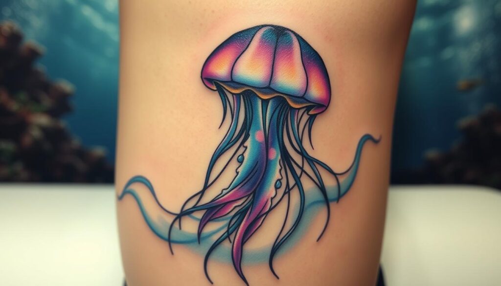 A stunning tattoo design featuring a jellyfish, intricately detailed to symbolize strength and resilience. In the foreground, the jellyfish is elegantly illustrated with flowing tentacles, showcasing a vibrant color palette of deep blues and luminous purples, emphasizing its ethereal beauty. The middle ground features a soft, flowing wave-like pattern, hinting at the ocean’s depths, while delicate light refractions create an enchanting, otherworldly glow around the jellyfish. The background is a serene underwater scene, with hints of coral and subtle shadows, enhancing the tranquil atmosphere. The lighting is soft and diffuse, evoking a calm, meditative mood. The focus is sharp on the jellyfish, captured from a slightly above angle, which elevates the sense of wonder and reflects the strength inherent in its graceful form. A stunning tattoo design featuring a jellyfish, intricately detailed to symbolize strength and resilience. In the foreground, the jellyfish is elegantly illustrated with flowing tentacles, showcasing a vibrant color palette of deep blues and luminous purples, emphasizing its ethereal beauty. The middle ground features a soft, flowing wave-like pattern, hinting at the ocean’s depths, while delicate light refractions create an enchanting, otherworldly glow around the jellyfish. The background is a serene underwater scene, with hints of coral and subtle shadows, enhancing the tranquil atmosphere. The lighting is soft and diffuse, evoking a calm, meditative mood. The focus is sharp on the jellyfish, captured from a slightly above angle, which elevates the sense of wonder and reflects the strength inherent in its graceful form.