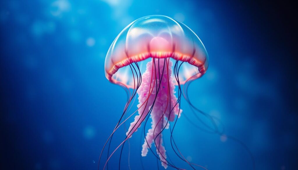 A surreal tattoo design featuring a jellyfish as the central focus. In the foreground, the intricate details of the jellyfish's bell and tentacles are highlighted, showcasing a blend of vibrant colors like deep blues and luminescent purples. The middle layer includes a variety of tattoo styles, such as geometric, watercolor, and neo-traditional elements, seamlessly integrated around the jellyfish. In the background, an ethereal underwater scene with soft, diffused light creates a tranquil atmosphere, enhancing the beauty of the jellyfish. The overall composition should evoke a sense of mystery and elegance, using a close-up perspective that emphasizes the tattoo artistry and the fluid motion of the jellyfish. The lighting should be soft yet dramatic, with a focus on showcasing textures and colors. A surreal tattoo design featuring a jellyfish as the central focus. In the foreground, the intricate details of the jellyfish's bell and tentacles are highlighted, showcasing a blend of vibrant colors like deep blues and luminescent purples. The middle layer includes a variety of tattoo styles, such as geometric, watercolor, and neo-traditional elements, seamlessly integrated around the jellyfish. In the background, an ethereal underwater scene with soft, diffused light creates a tranquil atmosphere, enhancing the beauty of the jellyfish. The overall composition should evoke a sense of mystery and elegance, using a close-up perspective that emphasizes the tattoo artistry and the fluid motion of the jellyfish. The lighting should be soft yet dramatic, with a focus on showcasing textures and colors.