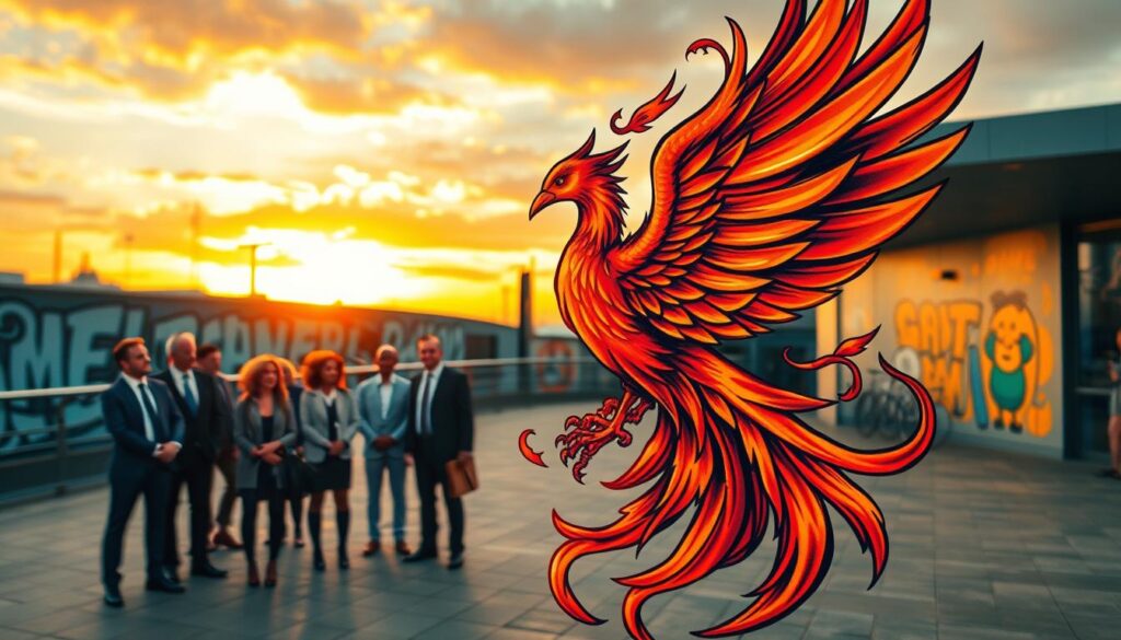 A vibrant and dynamic depiction of a phoenix as a tattoo, intricately designed with colorful flames swirling around it, symbolizing rebirth and resilience. The phoenix is showcased prominently in the foreground, its wings spread wide, feathers detailed with shades of red, orange, and gold, creating a sense of movement and life. In the middle ground, a diverse group of people in professional attire are admiring the tattoo, conveying its cultural significance. The background features a modern urban setting with street art and a sunset sky, casting a warm, golden light that enhances the mood of transformation and hope. The overall atmosphere is inspiring and energetic, ideal for illustrating the impact of the phoenix symbol in contemporary pop culture.