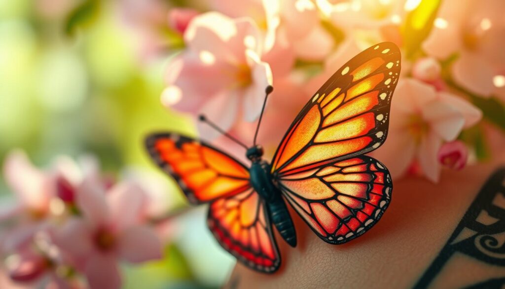 A vibrant and intricate tattoo design featuring a butterfly in the foreground, showcasing delicate wings adorned with patterns symbolizing transformation and rebirth. The butterfly is situated against a soft, blurred background of pastel-colored blossoms, emphasizing themes of beauty and renewal. The lighting is warm and inviting, with gentle sunlight filtering through, casting dappled patterns. Use a macro lens effect to capture fine details in the butterfly's wings, where elements of nature intertwine with the tattoo design. The overall atmosphere is serene and inspiring, reflecting hope and metamorphosis, while the color palette leans towards soft pinks, blues, and greens, evoking a sense of peace and transformation. The composition should focus solely on the tattoo artistry and the symbolic essence of the butterfly, free of any text or distractions. A vibrant and intricate tattoo design featuring a butterfly in the foreground, showcasing delicate wings adorned with patterns symbolizing transformation and rebirth. The butterfly is situated against a soft, blurred background of pastel-colored blossoms, emphasizing themes of beauty and renewal. The lighting is warm and inviting, with gentle sunlight filtering through, casting dappled patterns. Use a macro lens effect to capture fine details in the butterfly's wings, where elements of nature intertwine with the tattoo design. The overall atmosphere is serene and inspiring, reflecting hope and metamorphosis, while the color palette leans towards soft pinks, blues, and greens, evoking a sense of peace and transformation. The composition should focus solely on the tattoo artistry and the symbolic essence of the butterfly, free of any text or distractions.