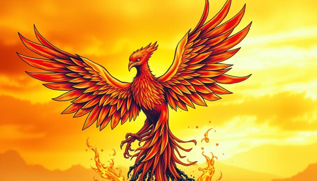 A vibrant phoenix tattoo design, intricately detailed, showcasing the majestic bird rising from ashes. In the foreground, emphasize the phoenix with fiery plumage in shades of red, orange, and gold, capturing its powerful wings spread wide. In the middle ground, include subtle elements like swirling embers and delicate ash particles, enhancing the theme of rebirth. The background should be a soft gradient blending warm hues, suggesting a sunrise or a dramatic sky. The lighting should be bright and dynamic, accentuating the tattoo's colors and details. The mood is one of strength and renewal, reflecting the spirit of transformation and inspiration associated with the phoenix. The composition should be artistic and visually striking, suitable for tattoo enthusiasts.