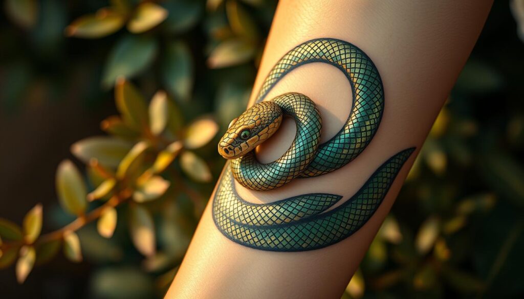 A vividly designed tattoo of a snake coiling gracefully around a human forearm, symbolizing renewal and cunning. The snake features intricate scales that shimmer with shades of emerald green and deep gold, reflecting the light in a captivating manner. In the background, soft foliage is depicted in muted colors, enhancing the natural theme without overpowering the focal point. The scene is bathed in warm, inviting lighting, creating a sense of intimacy and connection to nature. The image captures a close-up angle to emphasize the detailed artistry of the tattoo while maintaining a serene and reflective atmosphere. The overall mood is one of wisdom and transformation, aligning perfectly with the symbolism of the snake in tattoo art.