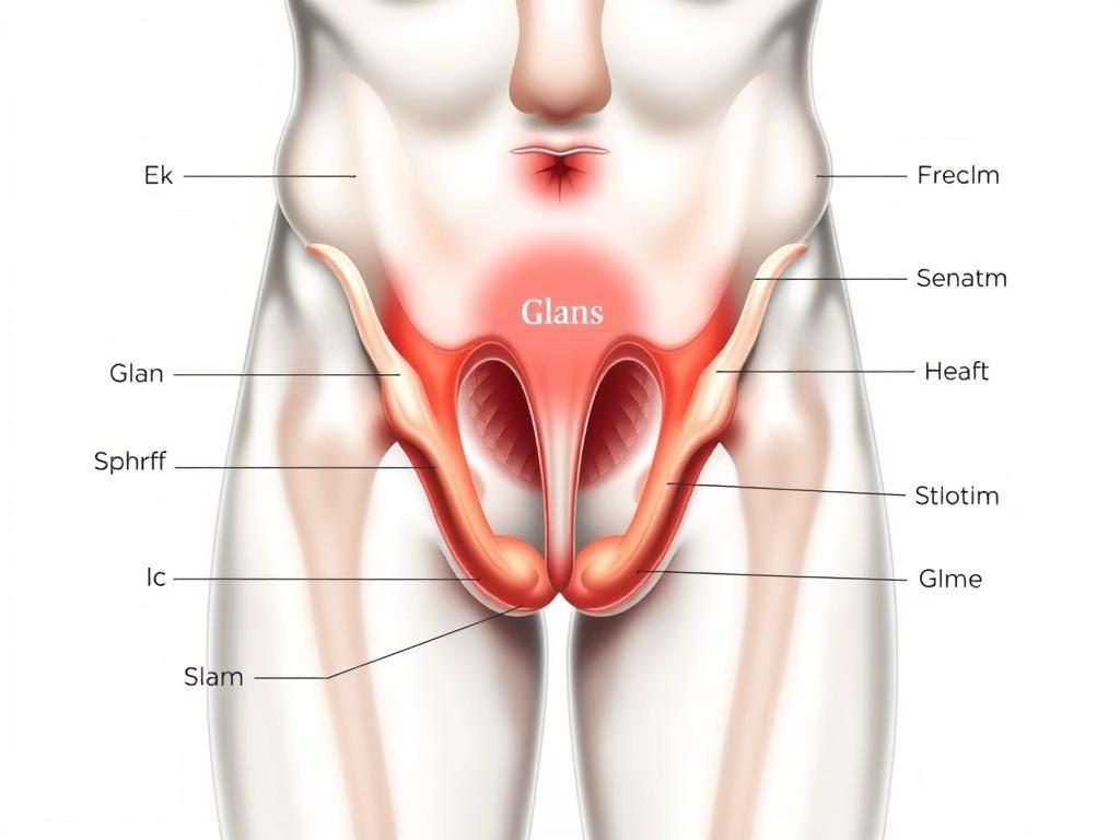 Anatomiczny diagram męskich genitaliów z oznaczonymi wrażliwymi punktami, pomocny przy nauce jak zrobić loda