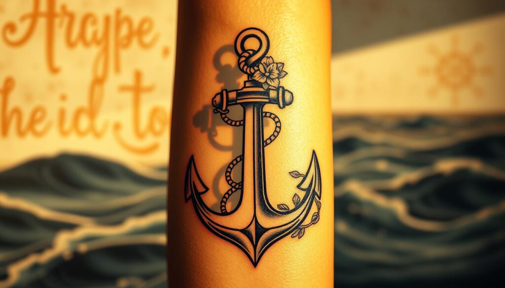 A beautifully designed anchor tattoo, intricately detailed with ornate elements, symbolizing hope, stability, and loyalty. The foreground features the anchor in crisp focus with elegant line work, adorned with floral embellishments and ropes intertwined around it. In the middle ground, soft shadows cast by the anchor create a subtle depth, while a blurred texture resembling weathered parchment suggests a nautical theme. The background showcases gentle waves with a muted ocean gradient, evoking a calming atmosphere. The lighting is warm and inviting, hinting at a golden hour glow, enhancing the tattoo's features. The composition is balanced and harmonious, embodying inspiration and artistry in tattoo styles.