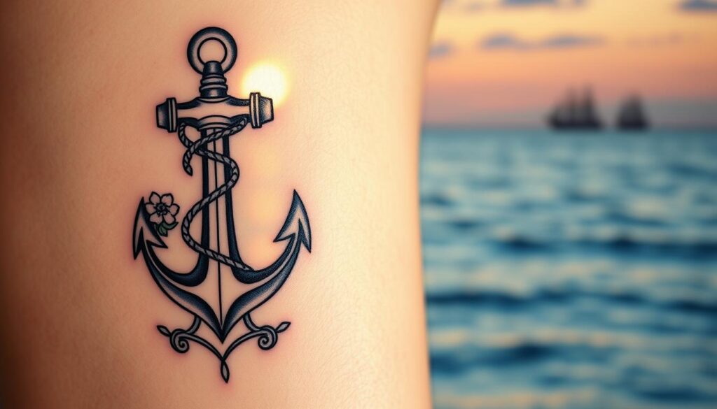 A beautifully designed anchor tattoo surrounded by intricate nautical elements, symbolizing hope, stability, and loyalty. In the foreground, the anchor is detailed with ornate patterns, perhaps incorporating ropes and flowers entwined around it. The middle ground includes a soothing oceanic scene with gentle waves and a serene sky at sunrise, casting a warm golden light over the scene. The background features faint silhouettes of distant ships on the horizon, adding depth. The image should evoke a sense of calmness and strength, with soft, natural lighting accentuating the details of the tattoo. Capture the essence of maritime tradition and personal meaning, using a slightly blurred focus to create an ethereal atmosphere.