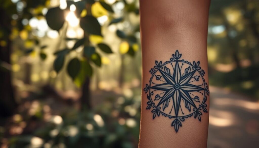 A beautifully designed compass tattoo on a tanned forearm, in intricate black ink, showcasing detailed lines and shading that emphasize its complexity. The foreground includes a close-up view of the tattoo with delicate floral elements interwoven around it, suggesting a connection to nature and life's journey. In the middle ground, soft natural light filters through leaves, casting gentle dappled shadows, creating an ethereal atmosphere. The background consists of a blurred outdoor setting, hinting at a tranquil forest or serene path, symbolizing exploration. The mood is reflective and inspiring, evoking a sense of guidance, adventure, and personal growth. The composition should be shot at a slight angle to enhance depth, focusing on the tattoo's artistry against the natural backdrop.
