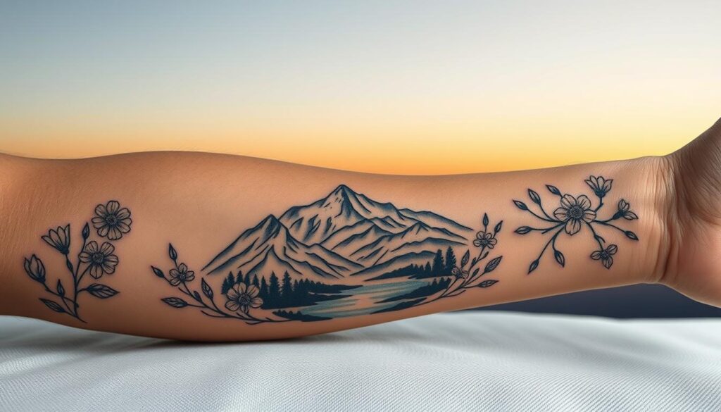 A beautifully designed mountain tattoo featuring a distinct Tatra motif, centered prominently in the foreground. The tattoo showcases intricate details of the Tatra Mountains, including rugged peaks, lush valleys, and a serene alpine lake. Surrounding the tattoo are delicate floral elements inspired by local flora, creating an organic connection to nature. In the background, a gradient sky transitions from soft dawn light to a warm pastel hue, enhancing the tranquility of the scene. The composition is balanced and symmetrical, with the tattoo placed on an arm adorned with a subtle texture, highlighting its significance as a symbol of nature’s beauty and the challenges of the mountains. The mood is contemplative and inspiring, inviting the viewer to reflect on a deep appreciation for nature. Soft natural lighting enhances the details, bringing the artwork to life without any distractions.