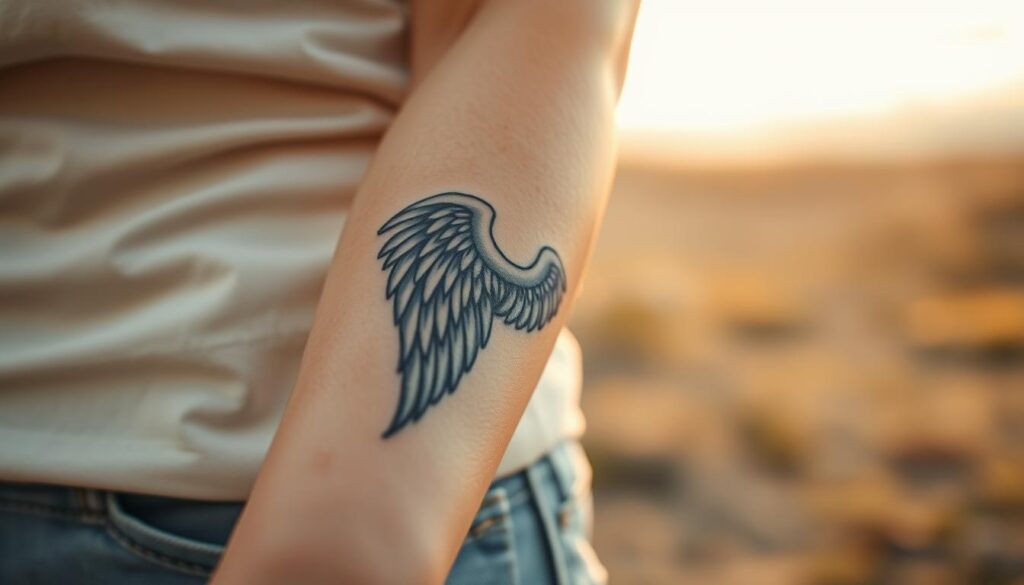 A beautifully designed tattoo featuring angelic wings, placed on the forearm of a person in modest casual clothing. The wings should appear ethereal and intricate, with delicate feathers that convey a sense of freedom and protection. In the foreground, the arm should be angled to showcase the tattoo in detail, emphasizing the craftsmanship and artistry. In the middle ground, soft natural lighting highlights the contours of the wings, creating a warm and uplifting aura. The background should be softly blurred, evoking a serene outdoor setting, perhaps with a gentle sky at dawn. The overall atmosphere should feel hopeful and inspiring, representing the desire for flight and angelic guidance. A beautifully designed tattoo featuring angelic wings, placed on the forearm of a person in modest casual clothing. The wings should appear ethereal and intricate, with delicate feathers that convey a sense of freedom and protection. In the foreground, the arm should be angled to showcase the tattoo in detail, emphasizing the craftsmanship and artistry. In the middle ground, soft natural lighting highlights the contours of the wings, creating a warm and uplifting aura. The background should be softly blurred, evoking a serene outdoor setting, perhaps with a gentle sky at dawn. The overall atmosphere should feel hopeful and inspiring, representing the desire for flight and angelic guidance.
