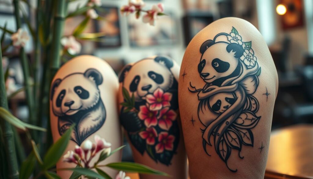 A beautifully detailed composition showcasing diverse panda tattoo styles. In the foreground, display three distinctly styled panda tattoos: one featuring traditional black and gray realism, another with vibrant watercolor effects, and a third in intricate tribal design. The middle ground should include soft hints of nature—bamboo and cherry blossoms—surrounding the tattoos, creating a harmonious blend. In the background, a softly blurred tattoo studio setting adds context, with warm, inviting lighting. The focal point should be on the tattoos, captured with a slight tilt-angle perspective to emphasize their artistry. The mood is serene and contemplative, embodying the themes of peace, carefreeness, and strength associated with pandas. A beautifully detailed composition showcasing diverse panda tattoo styles. In the foreground, display three distinctly styled panda tattoos: one featuring traditional black and gray realism, another with vibrant watercolor effects, and a third in intricate tribal design. The middle ground should include soft hints of nature—bamboo and cherry blossoms—surrounding the tattoos, creating a harmonious blend. In the background, a softly blurred tattoo studio setting adds context, with warm, inviting lighting. The focal point should be on the tattoos, captured with a slight tilt-angle perspective to emphasize their artistry. The mood is serene and contemplative, embodying the themes of peace, carefreeness, and strength associated with pandas.