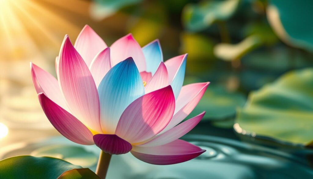 A beautifully detailed lotus tattoo design showcasing the symbolism of colors associated with spirituality and mental clarity. In the foreground, a vibrant lotus flower in full bloom, with petals colored in shades of pink, blue, and white, each symbolizing purity, enlightenment, and tranquility respectively. In the middle ground, soft flowing water, reflecting gentle hues from the flower, creating a serene atmosphere. The background features a subtle blend of natural elements, like leaves and soft light beams filtering through, enhancing the sense of peace. The lighting should be warm and inviting, evoking a calm and meditative mood, with a shallow depth of field focusing on the lotus. The overall composition should be harmonious and visually balanced, perfect for illustrating the deeper meanings of lotus tattoo colors. A beautifully detailed lotus tattoo design showcasing the symbolism of colors associated with spirituality and mental clarity. In the foreground, a vibrant lotus flower in full bloom, with petals colored in shades of pink, blue, and white, each symbolizing purity, enlightenment, and tranquility respectively. In the middle ground, soft flowing water, reflecting gentle hues from the flower, creating a serene atmosphere. The background features a subtle blend of natural elements, like leaves and soft light beams filtering through, enhancing the sense of peace. The lighting should be warm and inviting, evoking a calm and meditative mood, with a shallow depth of field focusing on the lotus. The overall composition should be harmonious and visually balanced, perfect for illustrating the deeper meanings of lotus tattoo colors.
