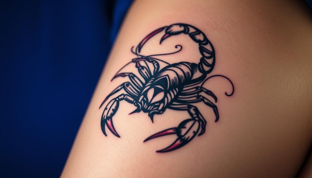 A beautifully detailed scorpion tattoo design, symbolizing emotional depth and protection. The foreground features an intricately designed scorpion, its pincers raised and barbed tail curled, rendered in bold, black ink intertwined with subtle elements of red to convey intensity. In the middle, use soft flowing lines and abstract shapes that symbolize emotions, swirling gently around the scorpion to enhance its mythic qualities. The background should be a gradient of deep blues and violet hues to evoke a sense of mystery and depth. Soft, diffuse lighting highlights the tattoo’s textures, giving a sense of reverence. The overall mood is powerful and introspective, capturing the emotional essence associated with the scorpion sign. The composition should be balanced, ensuring the scorpion takes center stage without any text or distractions.