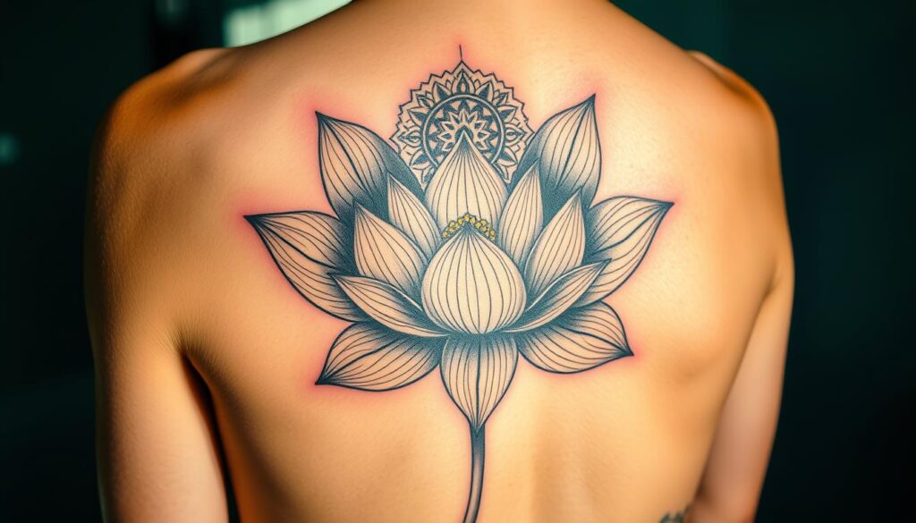 A beautifully detailed tattoo design featuring a lotus flower, prominently displayed in the foreground with intricate petal patterns, shadows, and delicate line work that showcases diversity in style. In the middle ground, subtle elements such as mandalas or geometric shapes enhance the significance of the lotus, reflecting themes of spirituality and purity of mind. The background softly fades into calming shades of blue and green, evoking a serene atmosphere. Soft, natural lighting highlights the intricate details of the tattoo, casting gentle shadows that create depth. The composition captures a sense of tranquility and enlightenment, emphasizing the beauty and symbolism of the lotus flower in various tattoo styles. A beautifully detailed tattoo design featuring a lotus flower, prominently displayed in the foreground with intricate petal patterns, shadows, and delicate line work that showcases diversity in style. In the middle ground, subtle elements such as mandalas or geometric shapes enhance the significance of the lotus, reflecting themes of spirituality and purity of mind. The background softly fades into calming shades of blue and green, evoking a serene atmosphere. Soft, natural lighting highlights the intricate details of the tattoo, casting gentle shadows that create depth. The composition captures a sense of tranquility and enlightenment, emphasizing the beauty and symbolism of the lotus flower in various tattoo styles.
