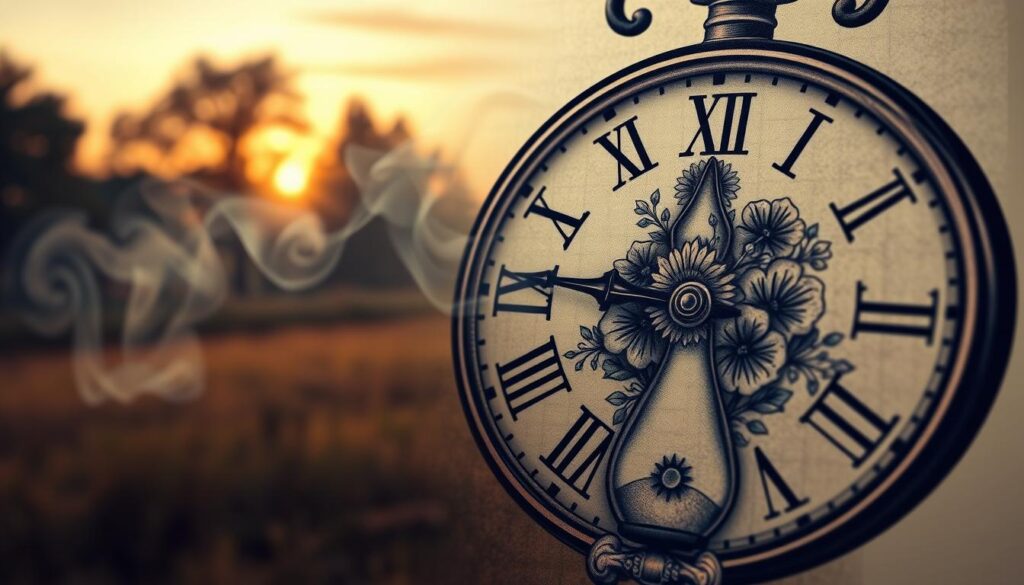 A beautifully detailed tattoo design featuring a vintage clock, intricately intertwined with elements that symbolize the passage of time and important moments. In the foreground, the clock displays Roman numerals, showing an hourglass motif merging seamlessly into floral patterns that represent life’s fleeting nature. The middle ground includes soft, ethereal wisps of smoke and subtle shadows to enhance depth, while the background depicts a serene landscape at dusk, with warm golden light filtering through trees, creating a reflective ambiance. The overall mood is contemplative and artistic, capturing the essence of transience. Use soft, natural lighting, with a focus on texture detail and a slightly angled perspective to immerse the viewer in the symbolism of time passing. No text or signatures included.