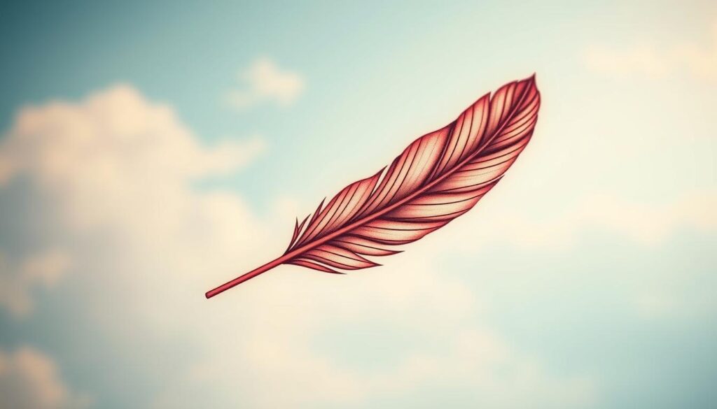 A beautifully detailed tattoo of a feather, symbolizing freedom, creativity, and spirituality. The foreground features an elegant, intricately designed feather tattoo, with delicate lines and shading, emphasizing its lightness and grace. In the middle ground, soft wisps of clouds in pastel colors surround the feather, enhancing the feeling of airiness and transcendence. The background fades into a serene gradient of blues and whites, evoking a peaceful sky. The lighting is warm and soft, with a gentle glow highlighting the feather, creating an ethereal atmosphere. The composition captures a sense of tranquility and inspiration, making it perfect for illustrating the themes of freedom and creativity associated with the feather tattoo.