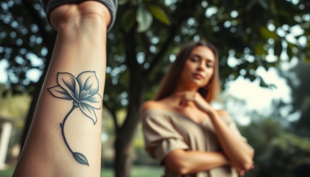 A beautifully detailed tattoo of a magnolia flower, elegantly inked on a forearm, showcasing its intricate petals and delicate lines. The foreground features the tattoo prominently, with soft natural lighting enhancing the tattoo's artistic details. In the middle ground, a relaxed model in modest casual attire gently poses, allowing the tattoo to be the focal point while ensuring a sense of dignity and grace. In the background, a serene outdoor setting with soft, diffused sunlight filtering through leaves evokes a peaceful atmosphere. The composition is balanced, capturing both the beauty of the tattoo and the model in a harmonious way, conveying a feeling of elegance and tranquility.