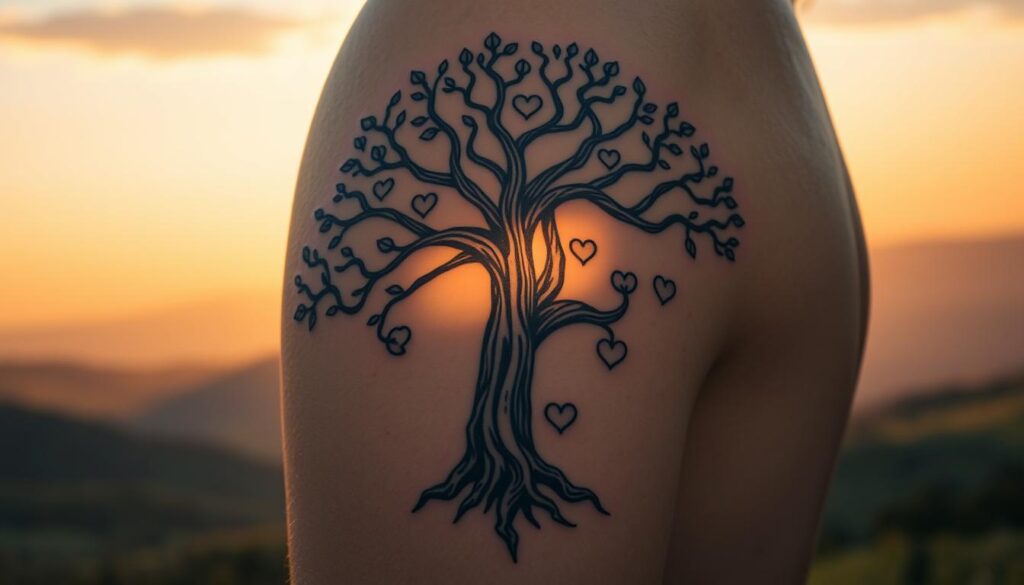 A beautifully illustrated Tree of Life tattoo design, prominently displayed in the foreground. The tree features intricate roots intertwining with familial symbols—hearts, circles, and leaves—to represent family connections and ancestry. The trunk of the tree is strong and textured, showcasing natural bark patterns. In the middle ground, a soft, serene backdrop of rolling hills and a sunset sky, casting warm, golden light that enhances the tattoo's details. The atmosphere is tranquil and reflective, evoking feelings of heritage and unity. Use a slightly elevated angle to capture the depth of the tattoo, and employ a warm color palette with rich greens, browns, and hints of gold to convey warmth and significance. The overall mood should be spiritually uplifting, encapsulating the profound symbolism of the Tree of Life.