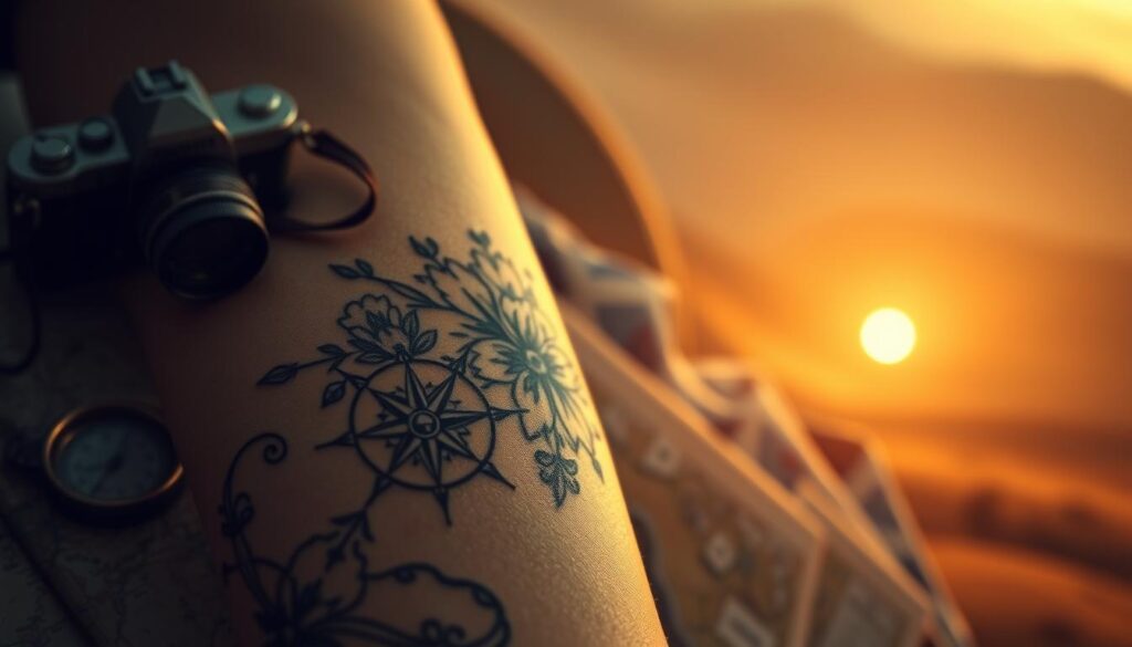 A beautifully intricate compass tattoo design centered in the foreground, featuring fine line work and detailed symbolic elements representing guidance and life's journey. The compass is ornate with floral patterns and geometric shapes, showcasing a blend of both traditional and modern tattoo styles. Surrounding the compass, soft, ethereal light creates a warm glow, emphasizing its significance. In the middle ground, subtly blurred elements like a worn map and adventure tools, such as a vintage camera and compass, evoke a sense of exploration. The background fades into a dreamy, serene landscape, with gentle hills and a golden sunset. The mood is inspiring and reflective, inviting the viewer to contemplate their own life path. The angle is slightly above, capturing the tattoo's details and the enchanting atmosphere.