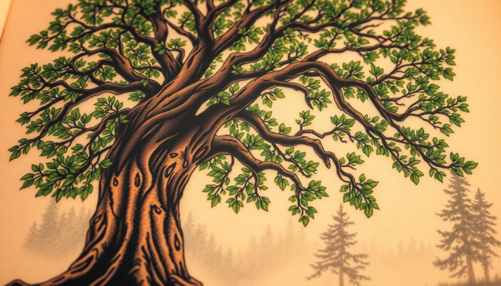 A beautifully intricate tattoo design featuring a majestic tree that symbolizes growth and nature. The foreground showcases detailed bark texture and vibrant green leaves, accentuating the life within the tree. In the middle ground, soft light filters through the branches, creating a serene atmosphere, evoking feelings of peace and mystery. The background includes a subtle suggestion of a forest landscape, with silhouettes of other trees fading into a gentle mist. Capture this image using warm, natural lighting to enhance the earthy tones and deep greens. Employ a slightly upward angle to emphasize the tree’s height and grandeur, creating a sense of admiration and tranquility. The overall mood should be one of connection to nature and the secrets it holds. No text or markings should appear in the image. A beautifully intricate tattoo design featuring a majestic tree that symbolizes growth and nature. The foreground showcases detailed bark texture and vibrant green leaves, accentuating the life within the tree. In the middle ground, soft light filters through the branches, creating a serene atmosphere, evoking feelings of peace and mystery. The background includes a subtle suggestion of a forest landscape, with silhouettes of other trees fading into a gentle mist. Capture this image using warm, natural lighting to enhance the earthy tones and deep greens. Employ a slightly upward angle to emphasize the tree’s height and grandeur, creating a sense of admiration and tranquility. The overall mood should be one of connection to nature and the secrets it holds. No text or markings should appear in the image.