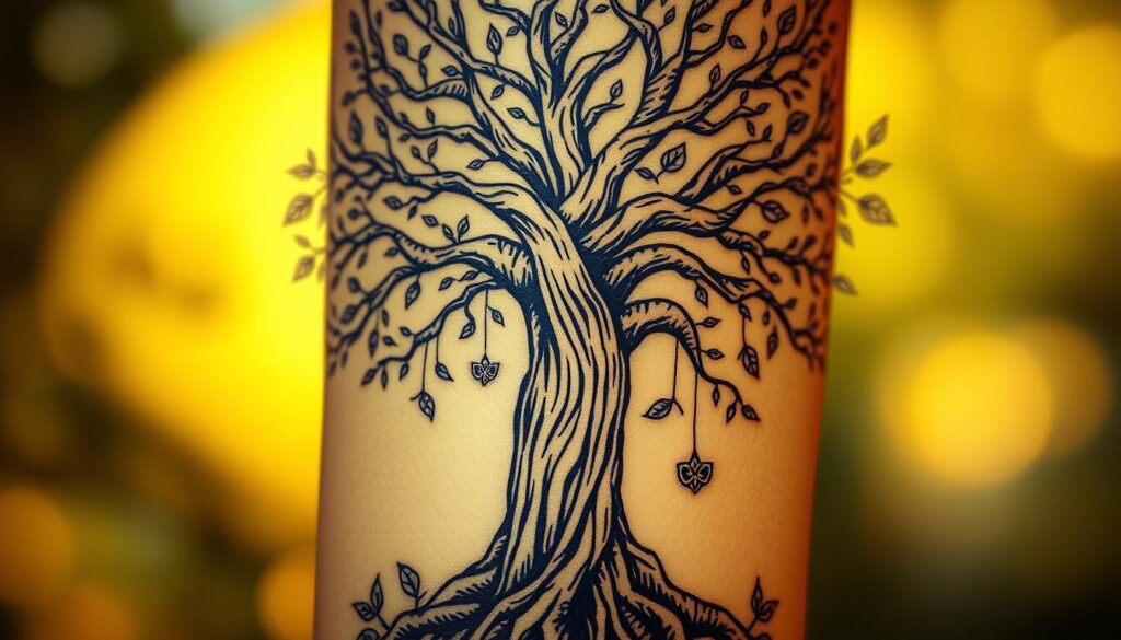 A beautifully intricate tree of life tattoo design, featuring elaborate branches and roots that symbolize family and heritage. In the foreground, there are delicate leaves and small symbols woven throughout the tree, representing different aspects of life and growth. The middle ground should showcase the trunk with detailed bark texture, creating a strong focal point. In the background, a soft gradient from deep greens to warm earthy tones adds depth and warmth to the image, creating an inviting atmosphere. The lighting is warm and softly diffused, suggesting an early morning glow. The perspective is slightly elevated, allowing a clear view of the tattoo's intricate details while maintaining an elegant balance. Emphasize a serene and reflective mood throughout the composition.