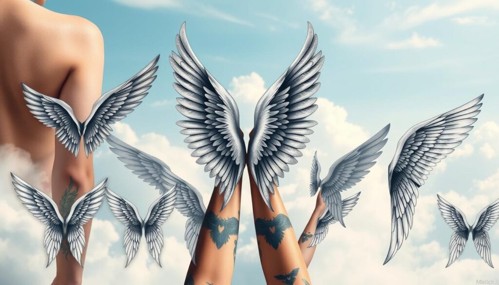 A captivating design of angel wings tattoo styles, intricately detailed and artistically arranged. In the foreground, showcase a close-up of various wing tattoos, each exhibiting unique patterns such as tribal, watercolor, and minimalist lines. The middle ground features a variety of tattooed arms, elegantly posed to highlight the wings, with soft lighting that accentuates their intricate artistry. The background consists of a serene, ethereal atmosphere with soft clouds and a gentle blue sky, symbolizing flight and protection. The overall mood is uplifting and mystical, evoking a sense of freedom and celestial beauty. The image should have a subtle, dreamy quality, avoiding any text or watermarks, inviting viewers to appreciate the artistic expression of wing tattoos. A captivating design of angel wings tattoo styles, intricately detailed and artistically arranged. In the foreground, showcase a close-up of various wing tattoos, each exhibiting unique patterns such as tribal, watercolor, and minimalist lines. The middle ground features a variety of tattooed arms, elegantly posed to highlight the wings, with soft lighting that accentuates their intricate artistry. The background consists of a serene, ethereal atmosphere with soft clouds and a gentle blue sky, symbolizing flight and protection. The overall mood is uplifting and mystical, evoking a sense of freedom and celestial beauty. The image should have a subtle, dreamy quality, avoiding any text or watermarks, inviting viewers to appreciate the artistic expression of wing tattoos.
