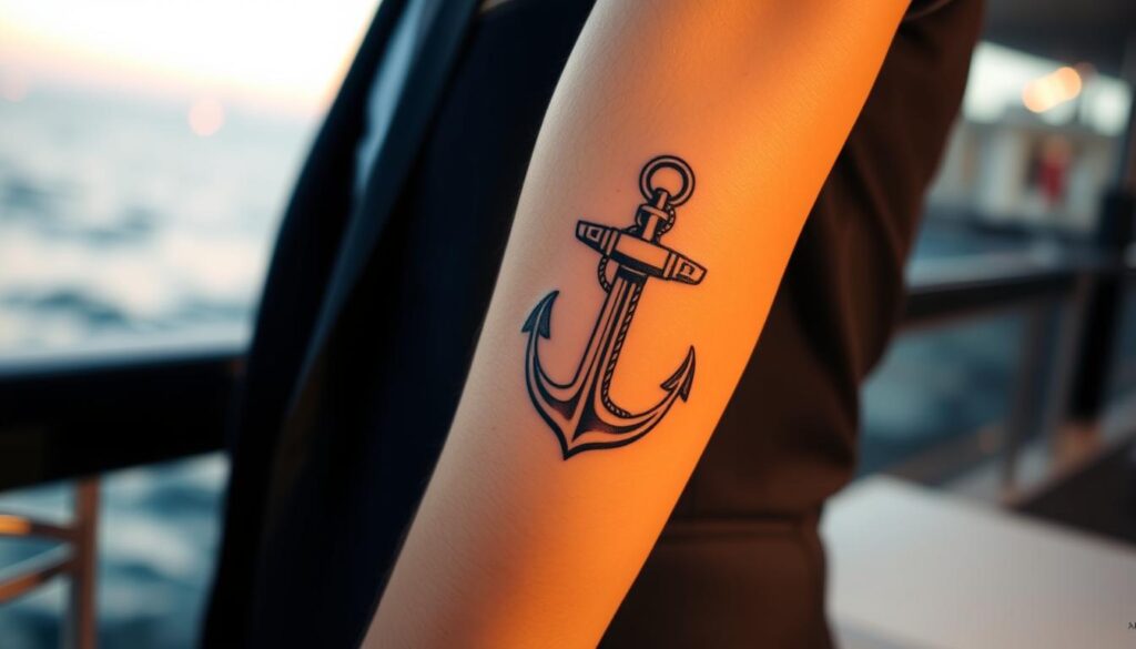 A close-up of a beautifully inked anchor tattoo symbolizing hope, stability, and fidelity. The tattoo, featuring intricate details like ornate rope and subtle wave patterns, is placed on a forearm of a person dressed in a smart casual outfit, conveying a sense of cultural pride. In the background, a soft-focus maritime scene with gentle waves and a pastel sunset enhances the nautical theme. The lighting is warm and inviting, emphasizing the tattoo's details while casting soft shadows. The angle captures the tattoo in the foreground, with the oceanic elements seamlessly blending into the scene. The overall mood is reflective and inspiring, portraying the tattoo as a meaningful cultural symbol.