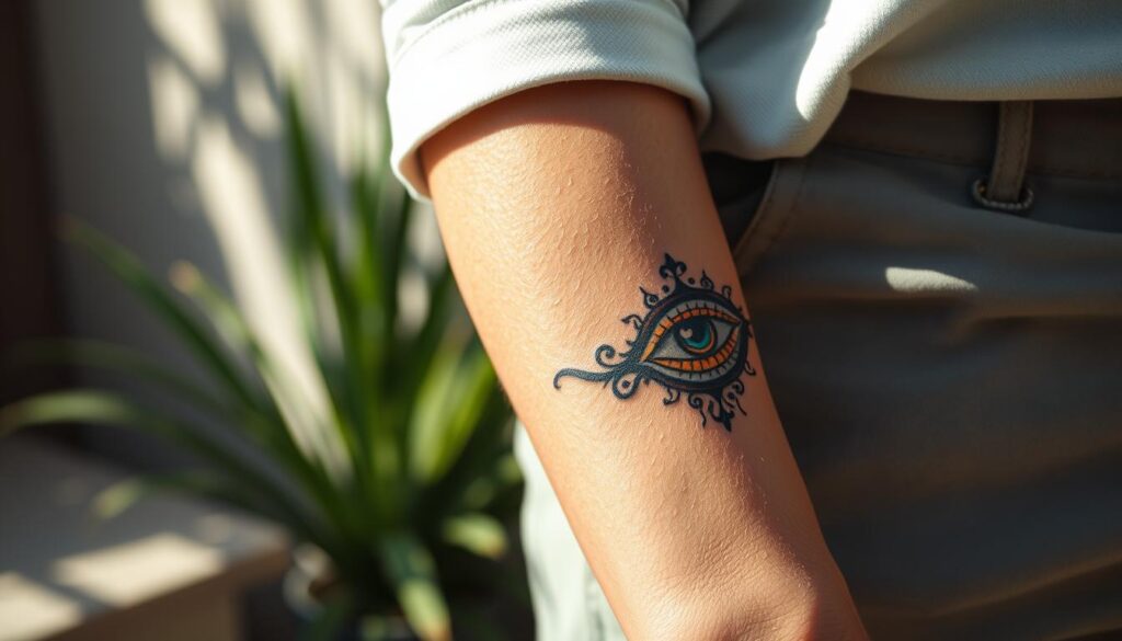 A close-up view of a beautifully detailed eye tattoo located on the forearm of a person dressed in modest casual clothing. The tattoo is intricately designed, featuring elements that symbolize wisdom and protection, such as an all-seeing eye surrounded by ornate patterns. The skin tone is natural, showcasing the vivid colors of the tattoo against it. Natural light filters in from the left side, creating soft shadows that enhance the tattoo's vibrant hues. The background is slightly blurred to emphasize the tattoo and the forearm, with hints of greenery and light textures that suggest an outdoor atmosphere. The overall mood is serene and contemplative, reflecting themes of knowledge and safeguarding against negativity.