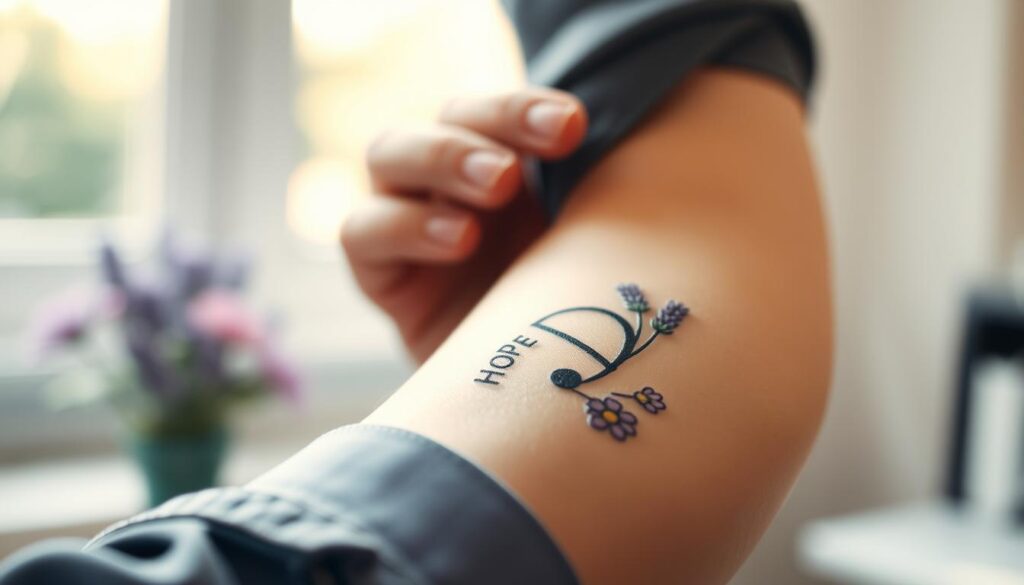 A close-up view of a beautifully inked semicolon tattoo on a person's forearm, symbolizing hope and the fight against depression. The tattoo is surrounded by delicate floral elements, like lavender and daisies, representing growth and resilience. In the background, softly blurred natural light filters through a window, creating a warm and inviting atmosphere. The focus is on the vibrant colors of the tattoo and flowers, with soft shadows highlighting their contours. The person’s arm is dressed in a modest sleeve, adding an element of professionalism to the composition. The overall mood is one of serenity and strength, capturing the essence of the semicolon as a powerful symbol of mental health awareness. A close-up view of a beautifully inked semicolon tattoo on a person's forearm, symbolizing hope and the fight against depression. The tattoo is surrounded by delicate floral elements, like lavender and daisies, representing growth and resilience. In the background, softly blurred natural light filters through a window, creating a warm and inviting atmosphere. The focus is on the vibrant colors of the tattoo and flowers, with soft shadows highlighting their contours. The person’s arm is dressed in a modest sleeve, adding an element of professionalism to the composition. The overall mood is one of serenity and strength, capturing the essence of the semicolon as a powerful symbol of mental health awareness.
